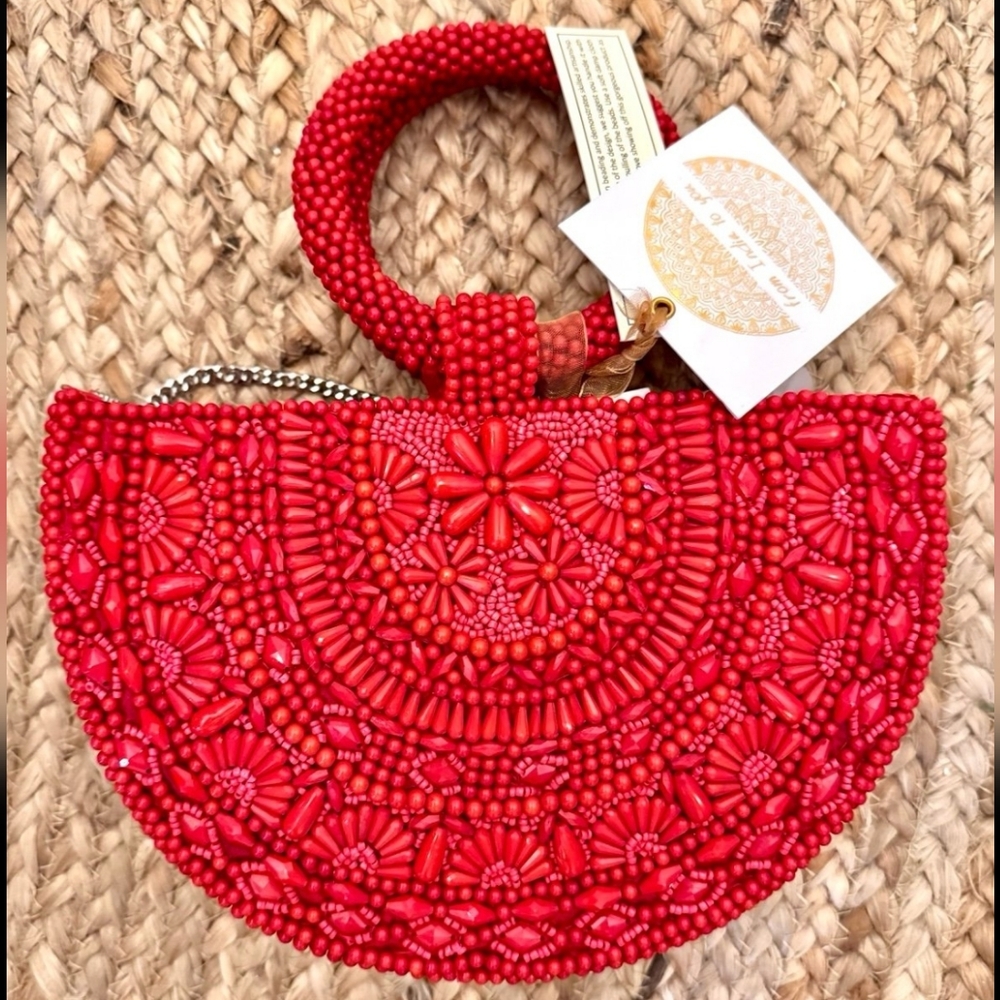 Red Beaded Half Moon Teacup Crossbody Handbag  Made in India NWT